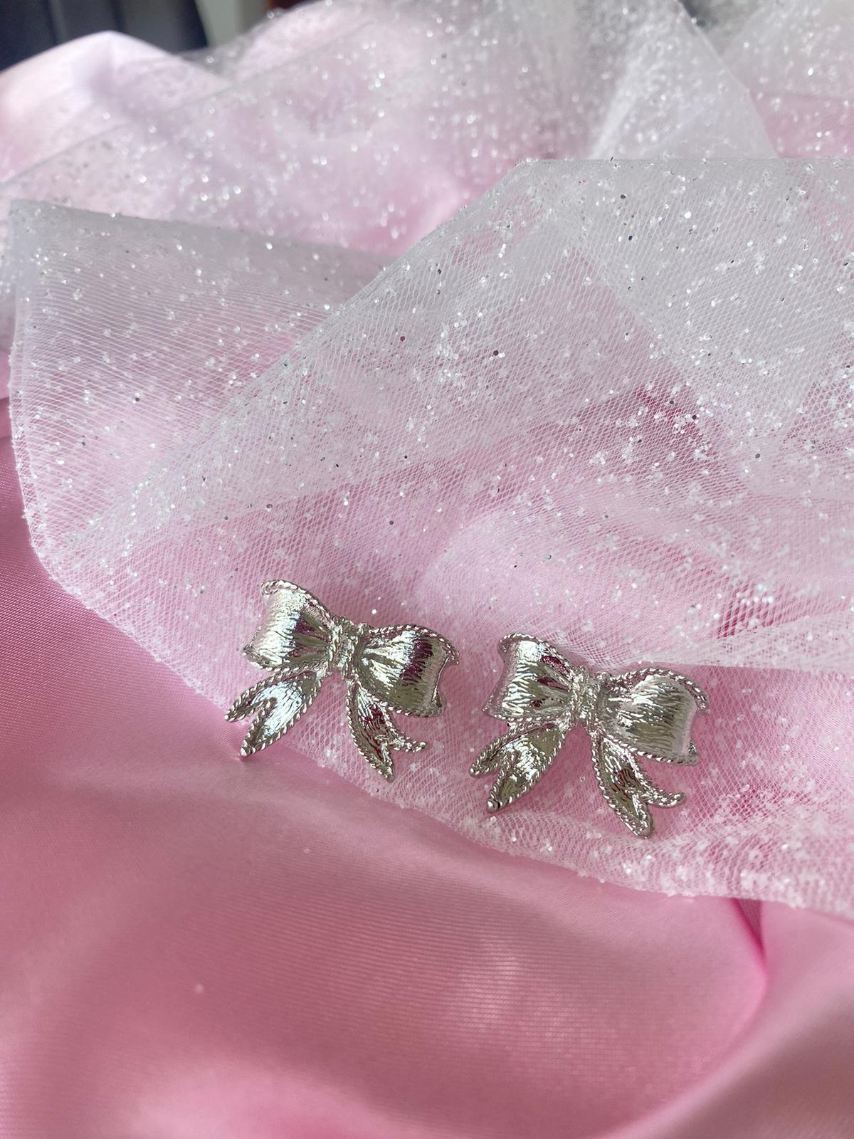 Silver Coquette Bow Ribbons Earrings