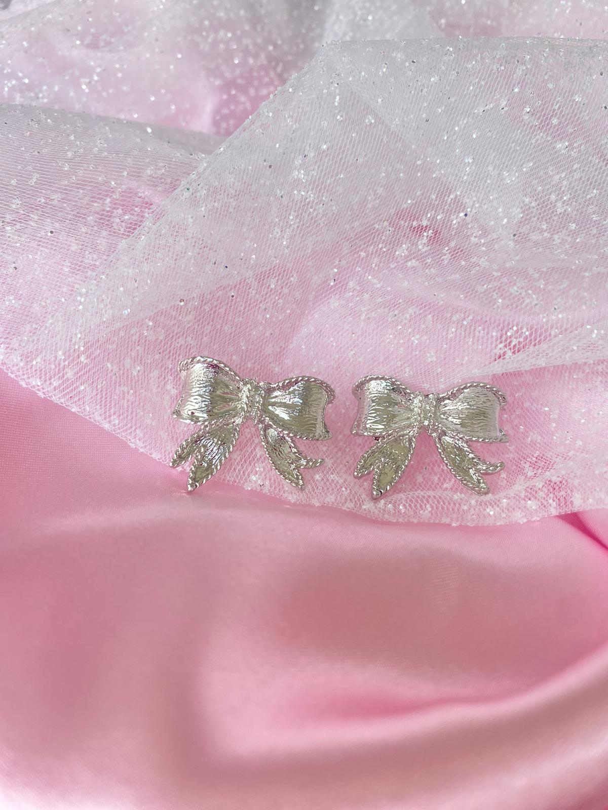 Silver Coquette Bow Ribbons Earrings