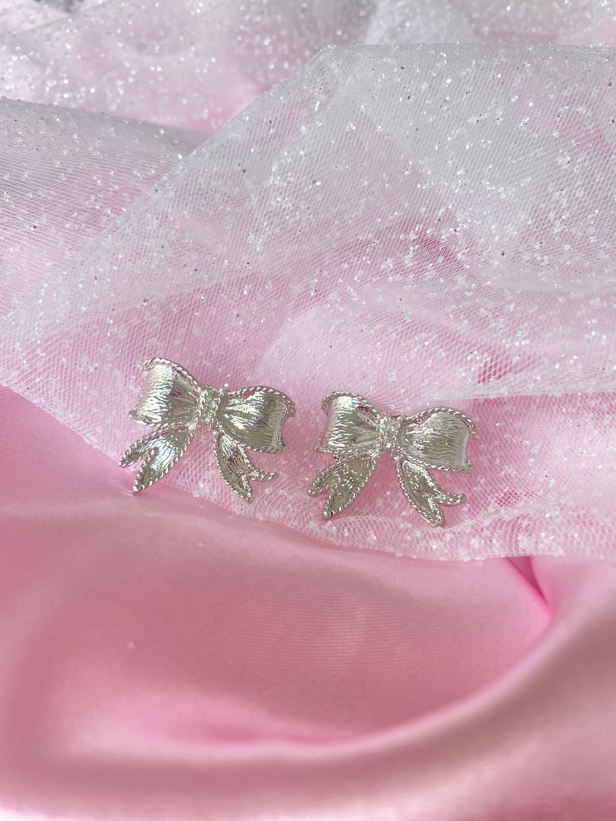 Silver Coquette Bow Ribbons Earrings