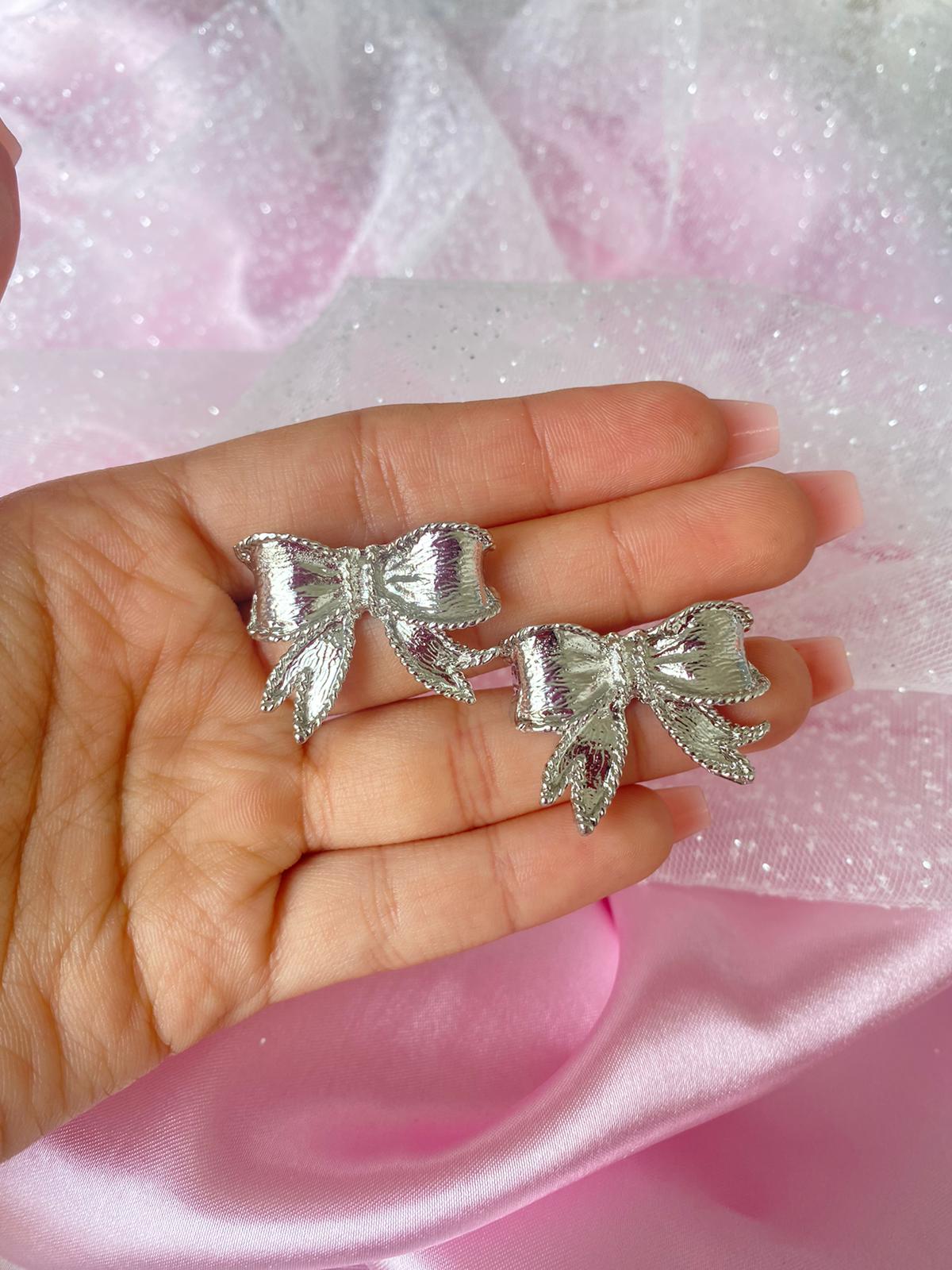 Silver Coquette Bow Ribbons Earrings