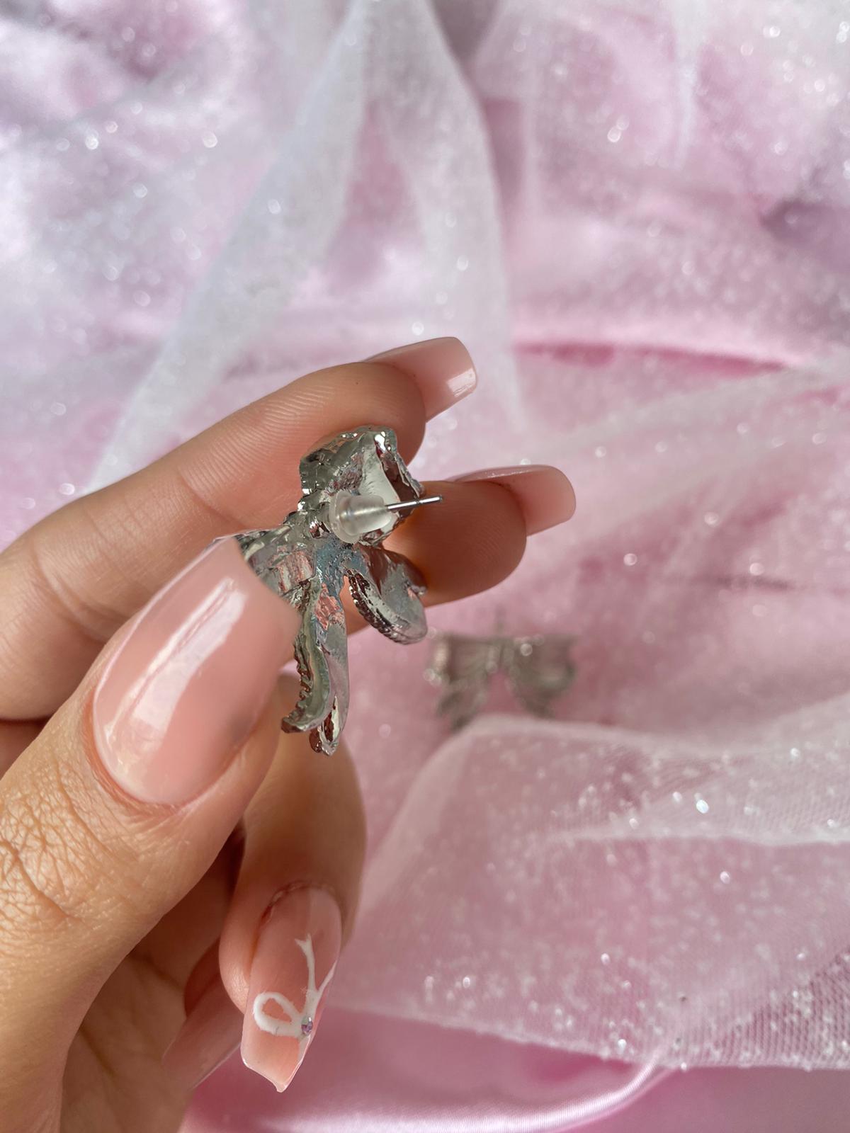 Silver Coquette Bow Ribbons Earrings