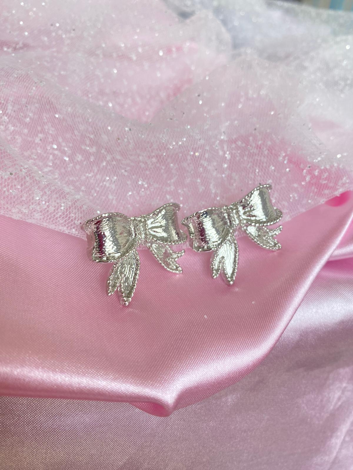 Silver Coquette Bow Ribbons Earrings